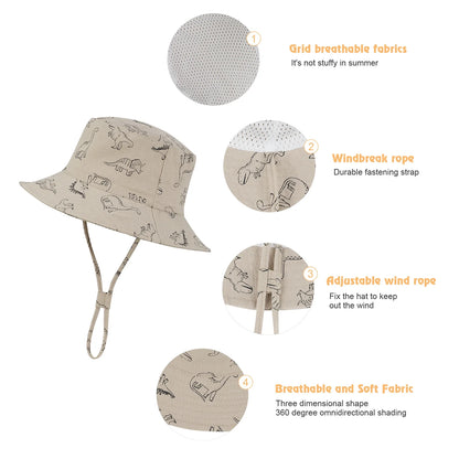 Baby Sun Hat UPF 50+ Sun Protection Summer Beach Hat Cute Baby Bucket Hat Wide Brim Toddler Sun Hats for Boys Girls Khaki Dinosaur M