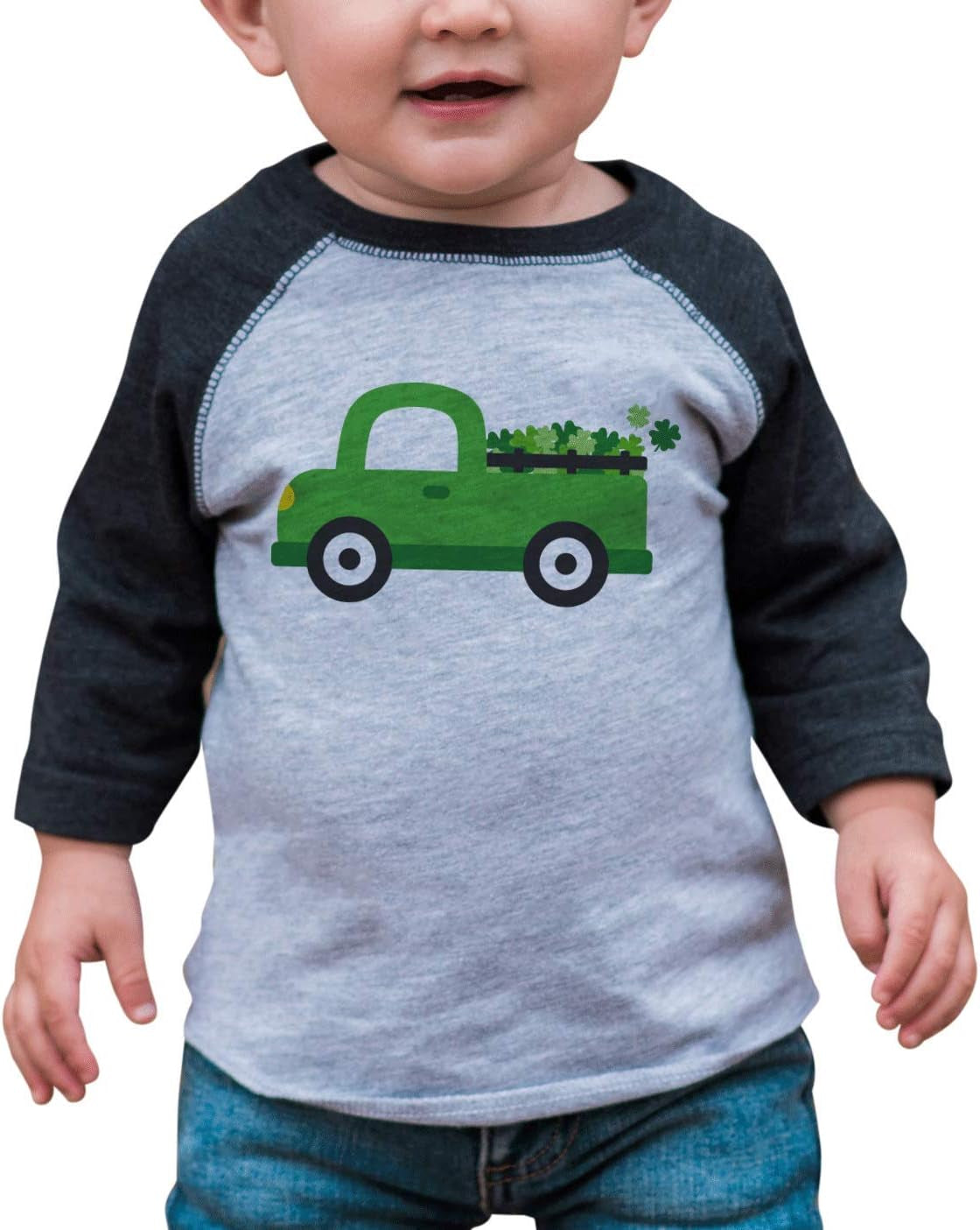 Kids Green Truck St. Patricks Day Shamrock Clover Grey Raglan