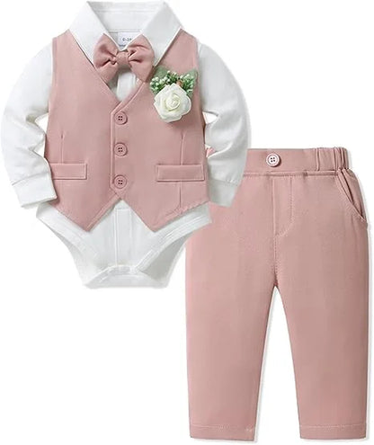 Baby Boy Clothes Suits Infant Gentleman Outfit Collared Dress Shirt+Vest+Tie+Corsage+Pants 5Pcs Baby Suit Sets