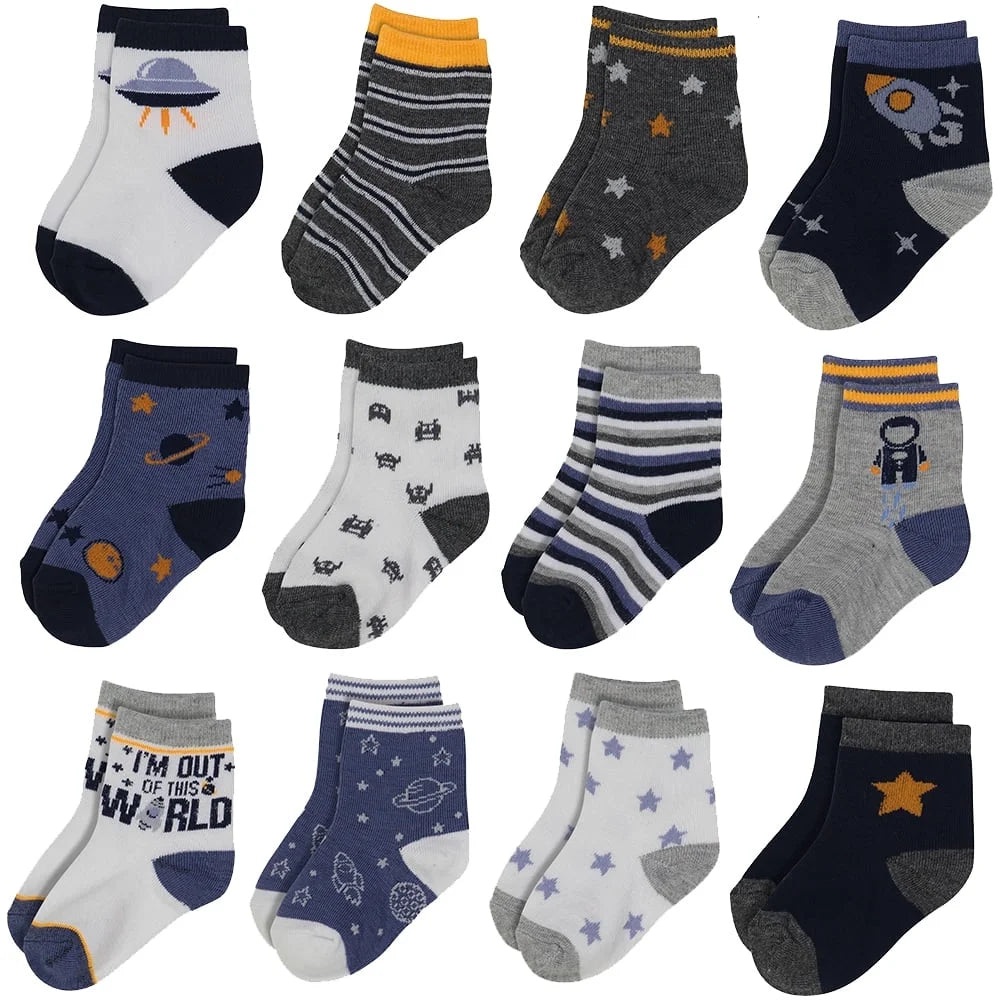 Infant Crew Socks for 0-24 Months Baby Boy (12 Pack) - Space and Rockets