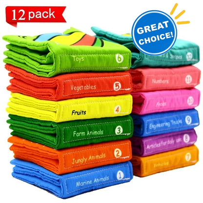 Soft Infant Books, Baby'S First Non-Toxic Fabric Soft Cloth Book Set, Rainbow Early Education Toys for Toddler, Infants and Kids, Pack of 12