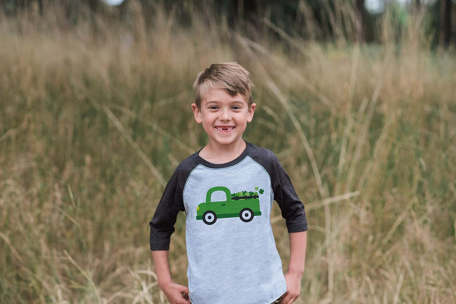 Kids Green Truck St. Patricks Day Shamrock Clover Grey Raglan